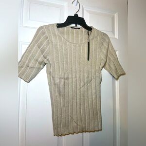 T TAHARI Womans Metallic Ribbed Short Sleeve Sweater Small P Gold Silver Shimmer